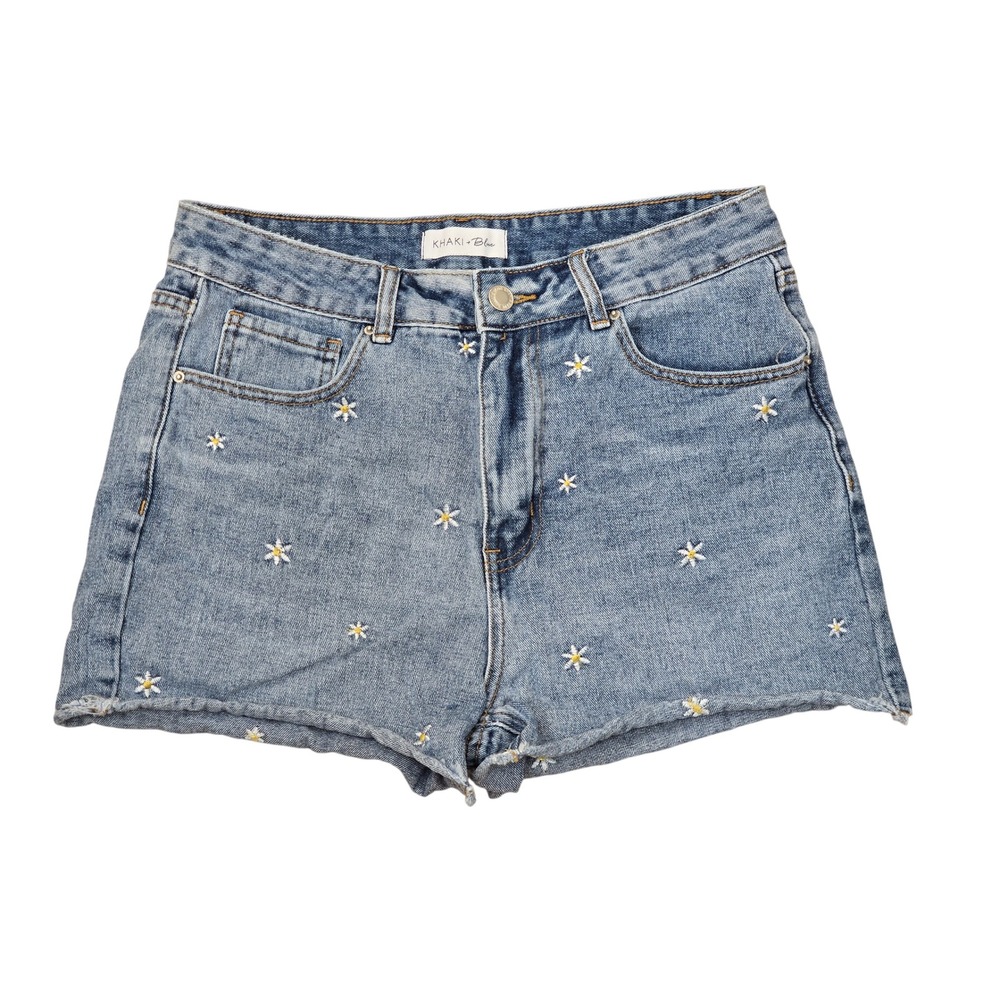 Khaki + Blue Daisy Embroidered Denim Shorts Light Wash Frayed Hem Size 11/30